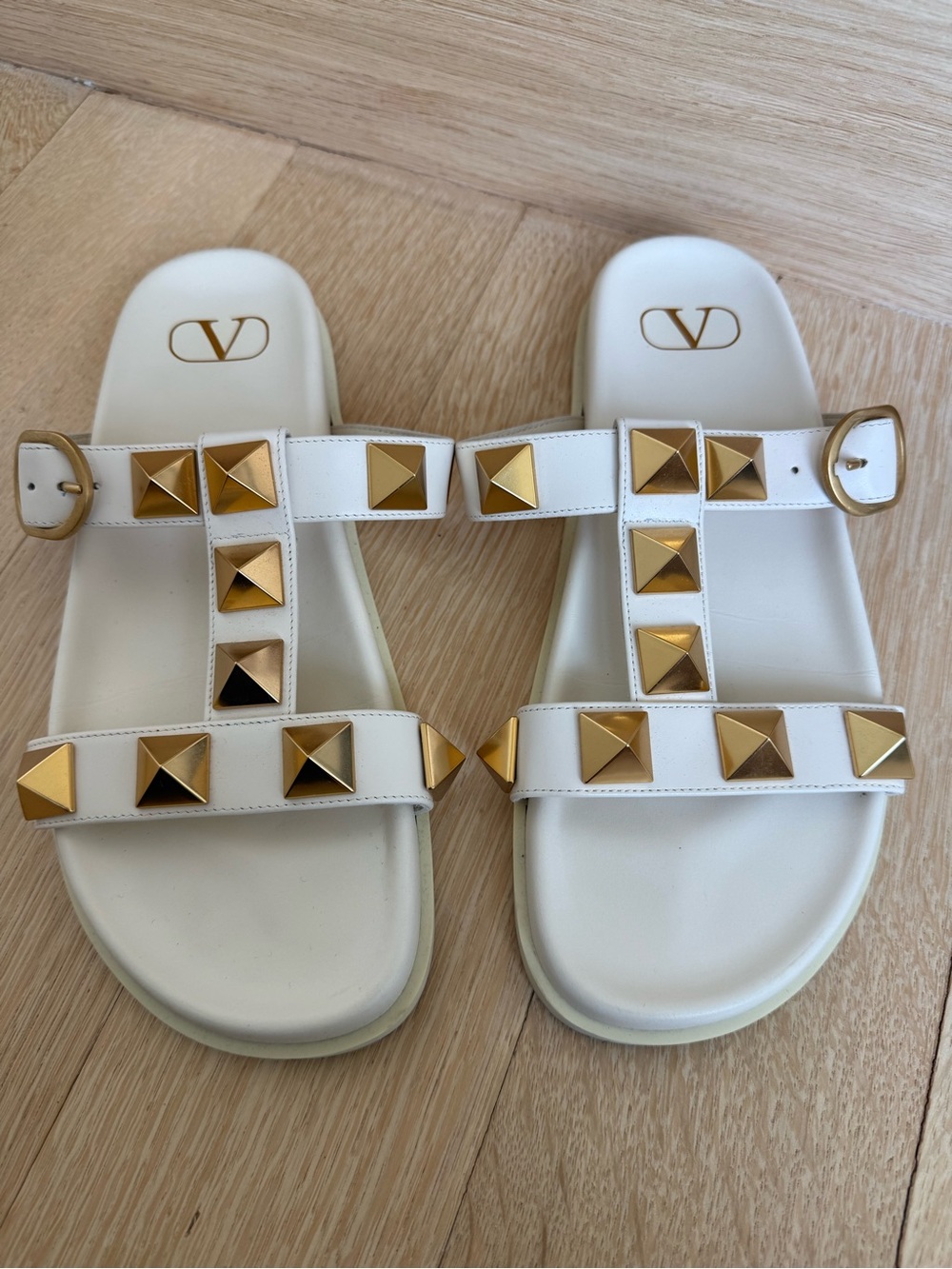 Authentic Valentino White Leather Slide Sandals with Gold Studs and Buckle